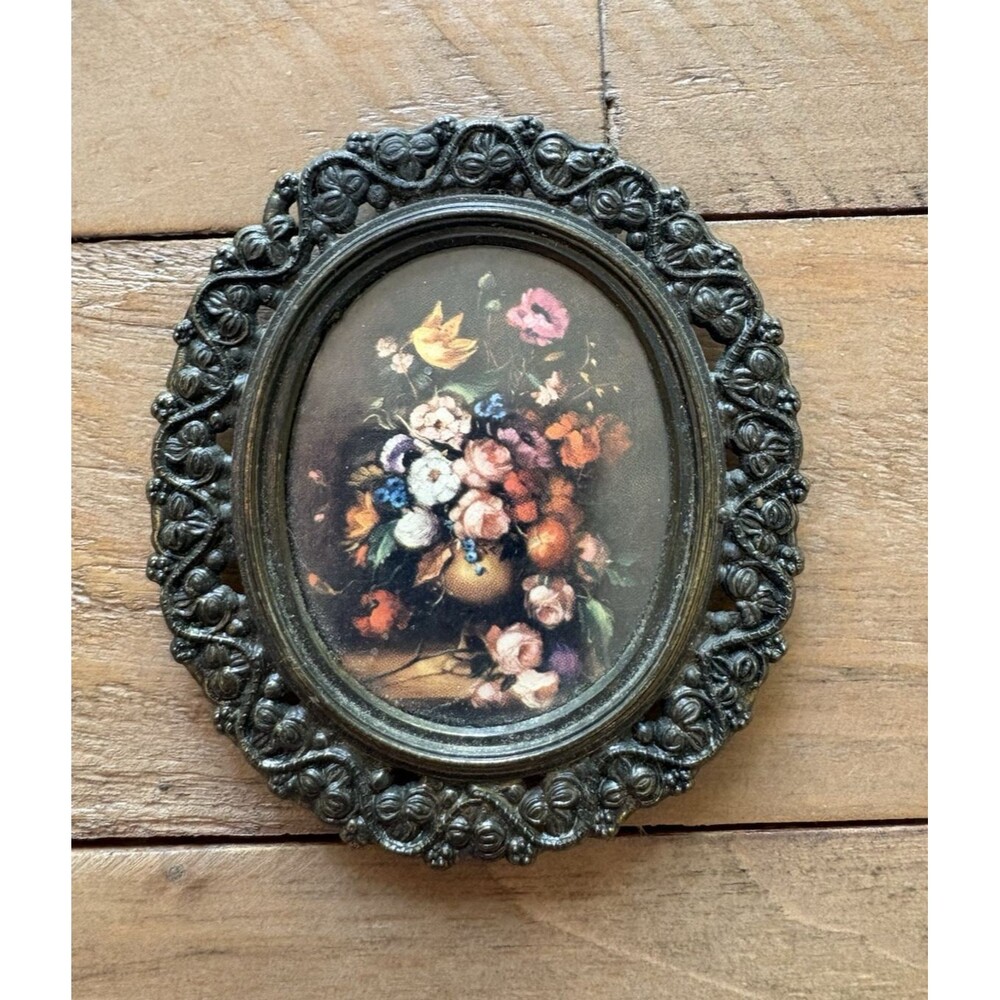 Vintage Very Small Metal Made in Italy Floral Picture Frame